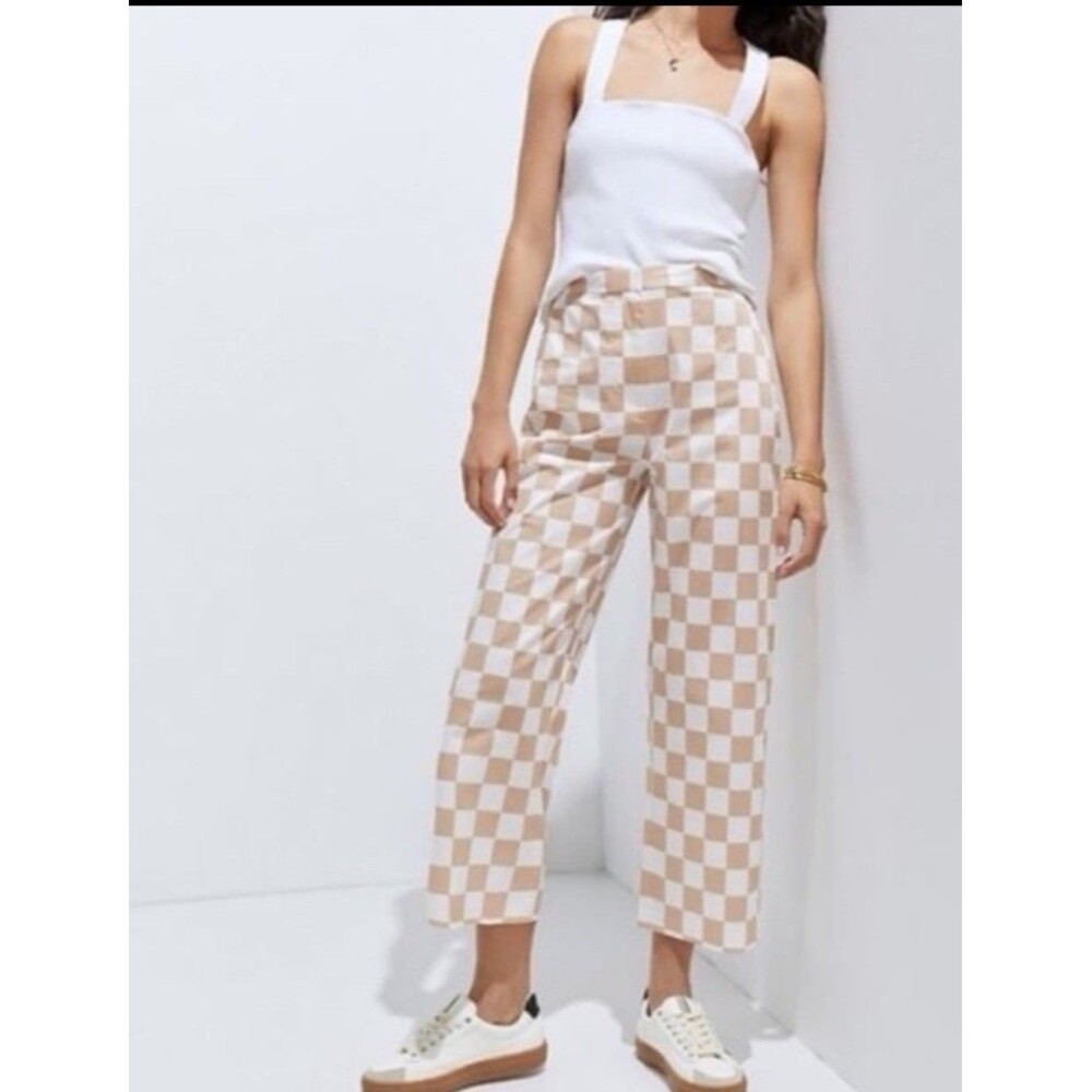Anthropologie Hutch Wide Leg Cropped Checkerboard Pants Size 0 Tan And White